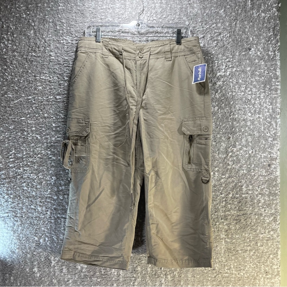 PER SE Women’s Beige Cargo Roll Tab Capris Pants Size 8 Lyocell NWT